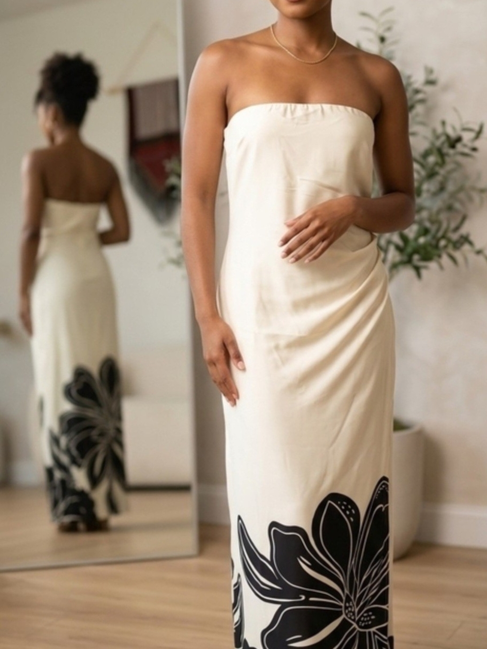 House of Harlow 1960 Cream Strapless Maxi Dress with Black Floral Hem